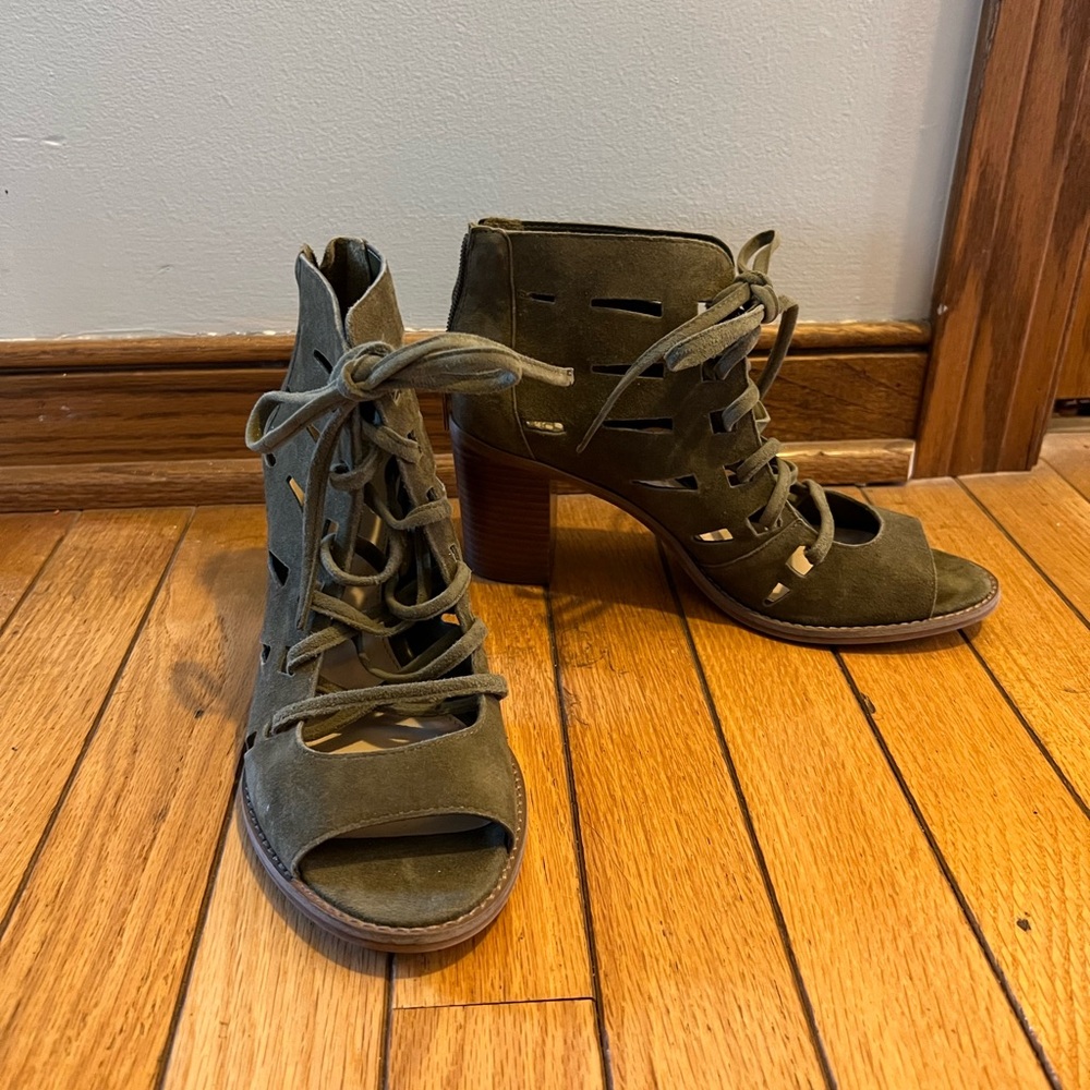Vince Camuto Tressa suede block heel ankle bootie in olive green